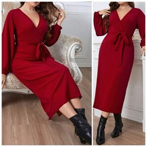 NWOT Elegant Wrap V Neck Office Long Sleeve Solid Self Belt Tie Dress